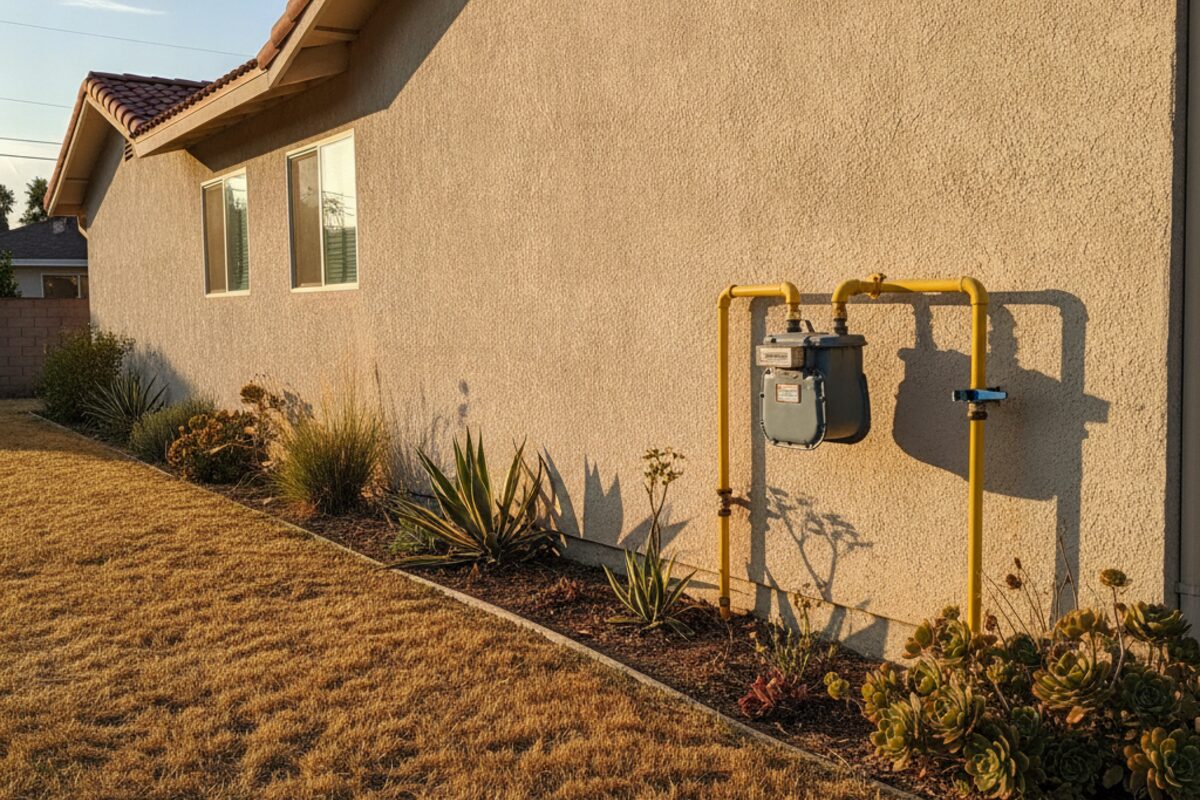 Natural gas meter and supply piping on the exterior wall of a single-story home