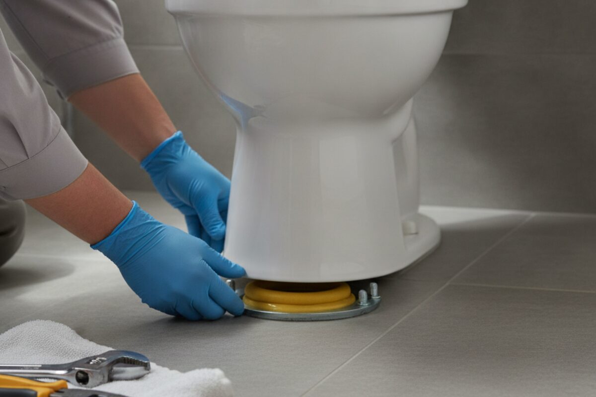 New toilet being set in place on a bathroom floor during installation