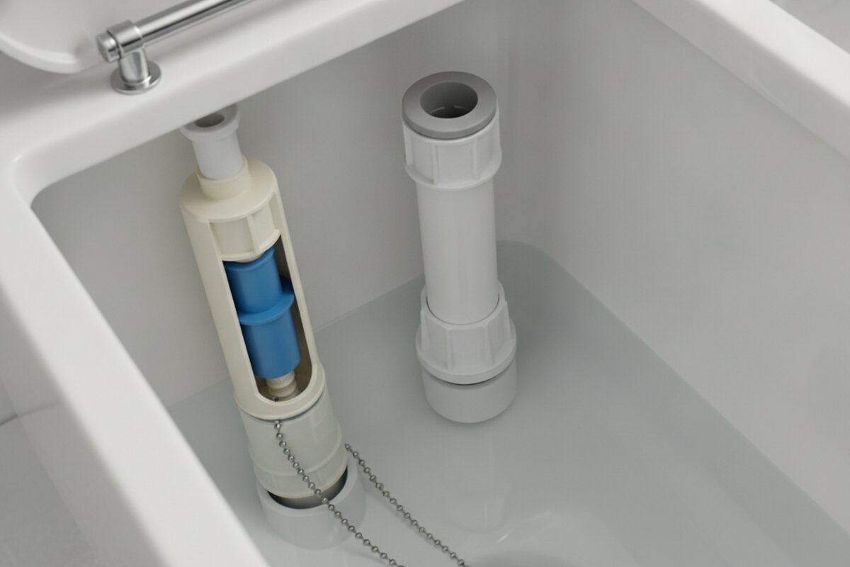 Inside of a toilet tank showing the fill valve, overflow tube, and rubber flapper with its chain