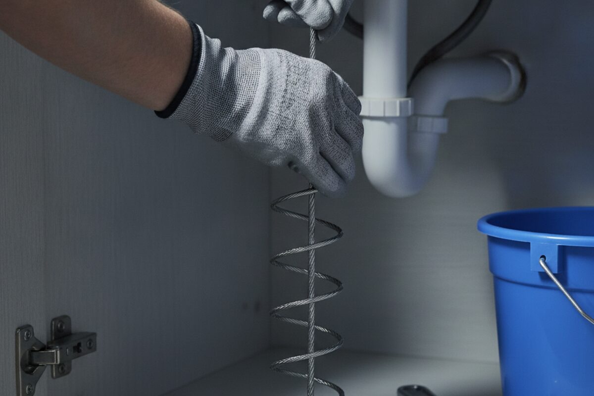 Plumber using a drain snake to clear a blocked line under a sink