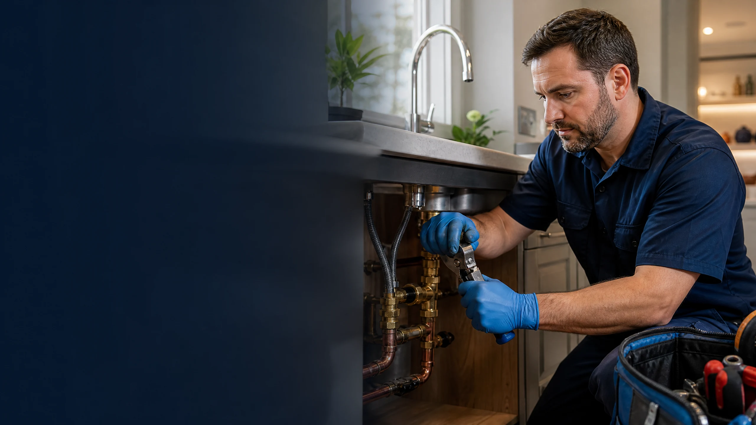 Professional plumber repairing kitchen sink supply lines
