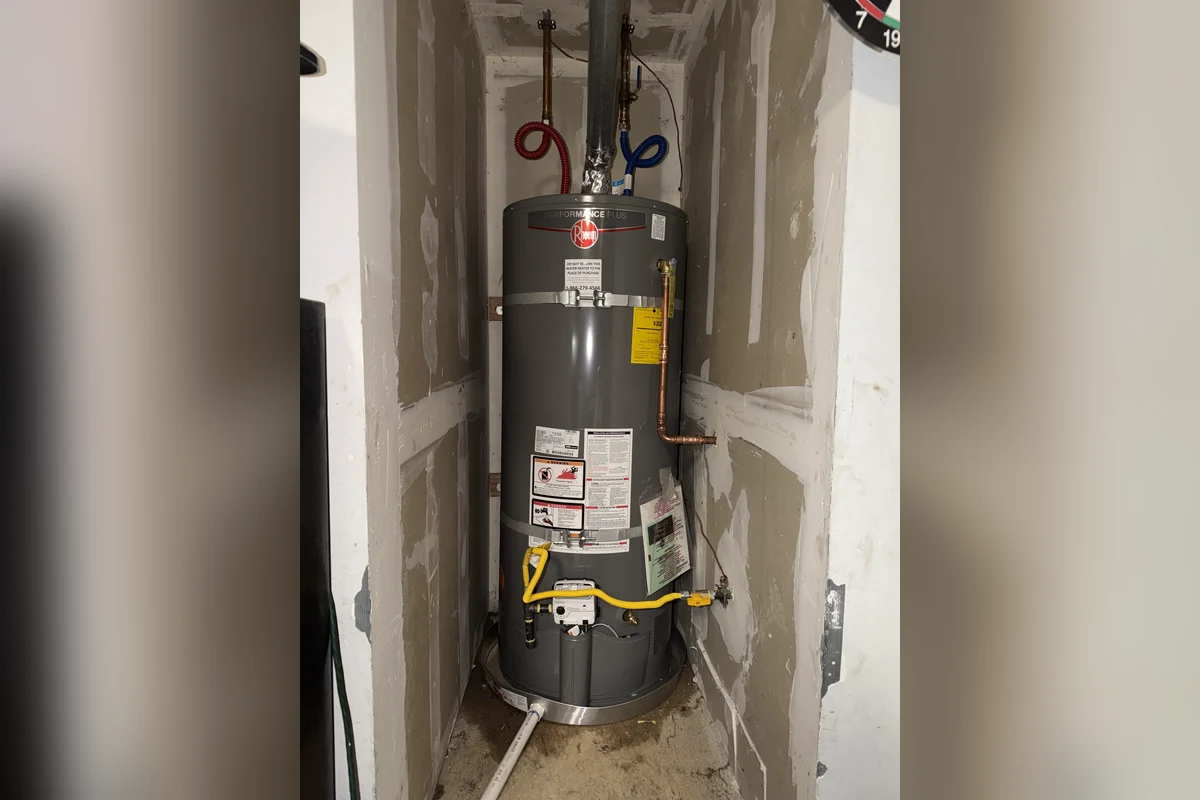 A new Rheem gas water heater installed, connected, and tested in a Solano County home.