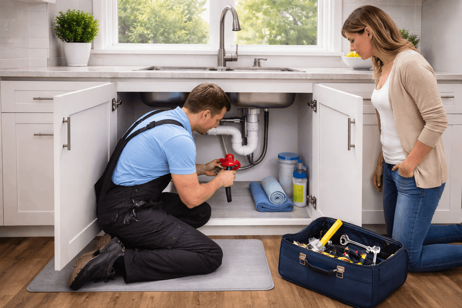 2026 05 candcplumbingca.com img plumber fixing under sink with homeowner v1