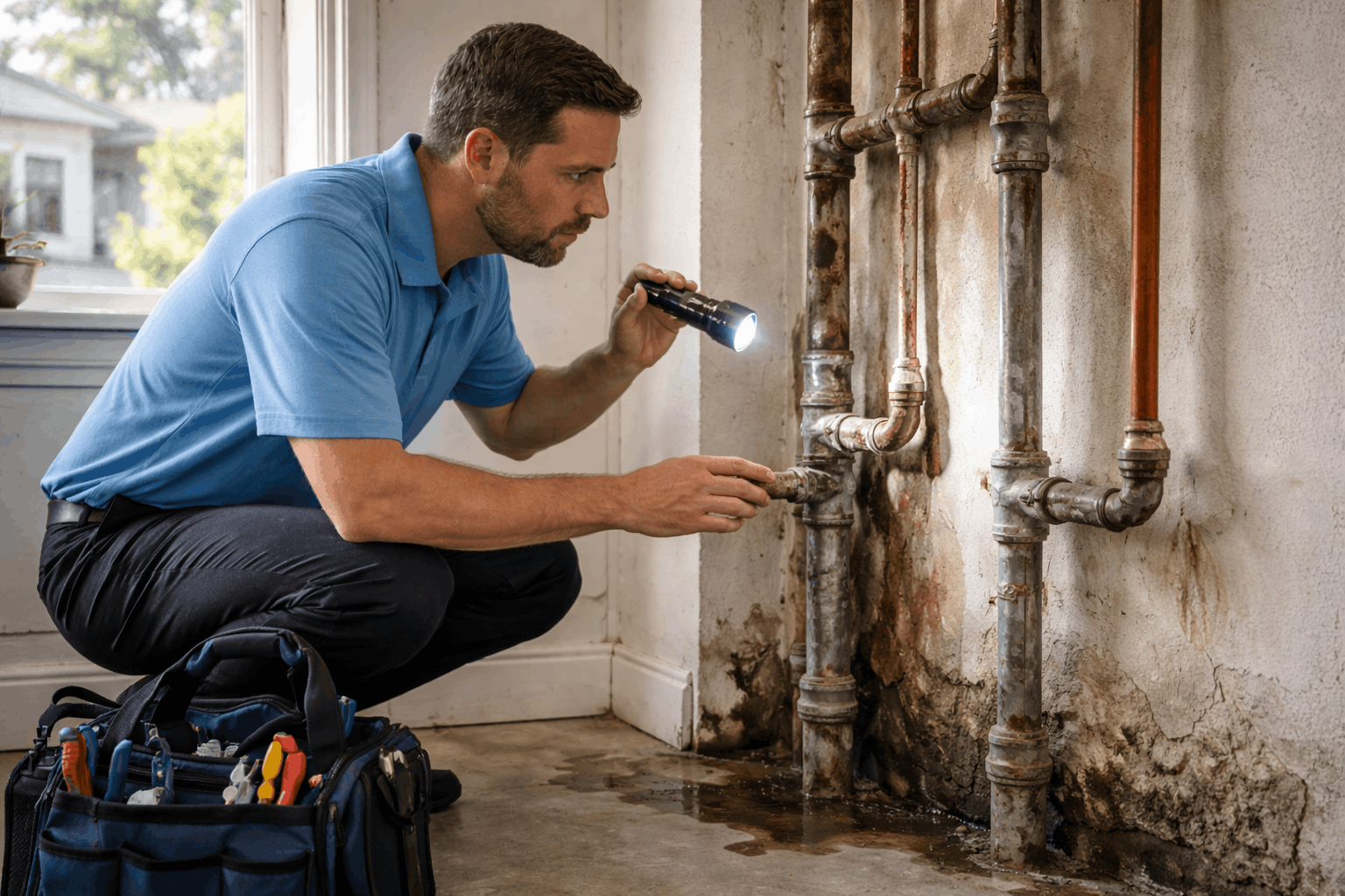 2026 05 candcplumbingca.com img plumber inspecting corroded pipes v1