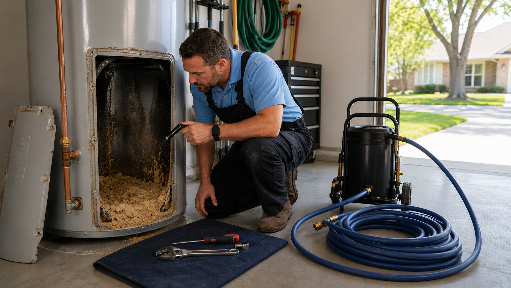 Technician inspecting sediment buildup inside a residential water heater tank