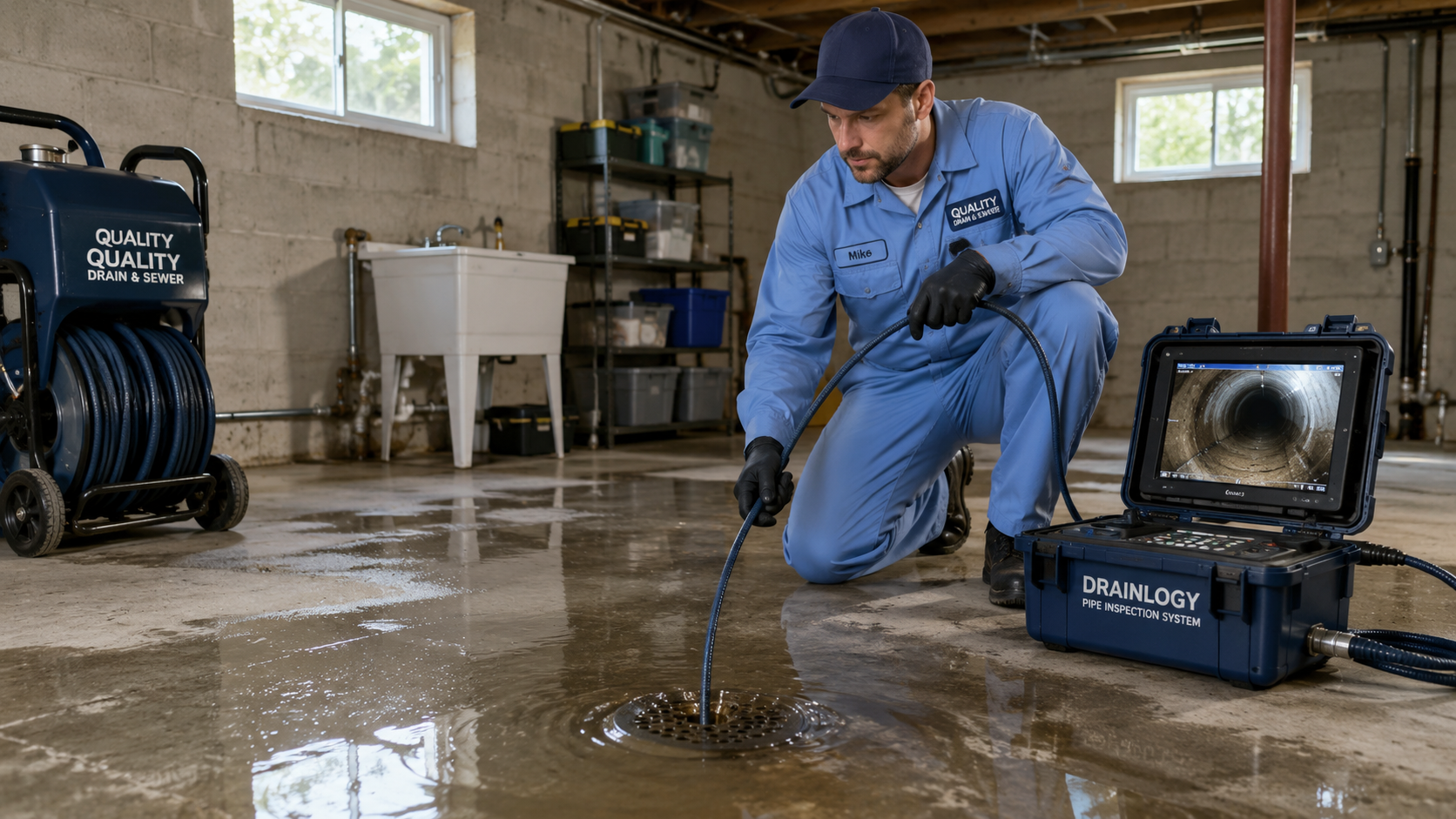 Technician using a sewer camera inspection system near a basement floor drain