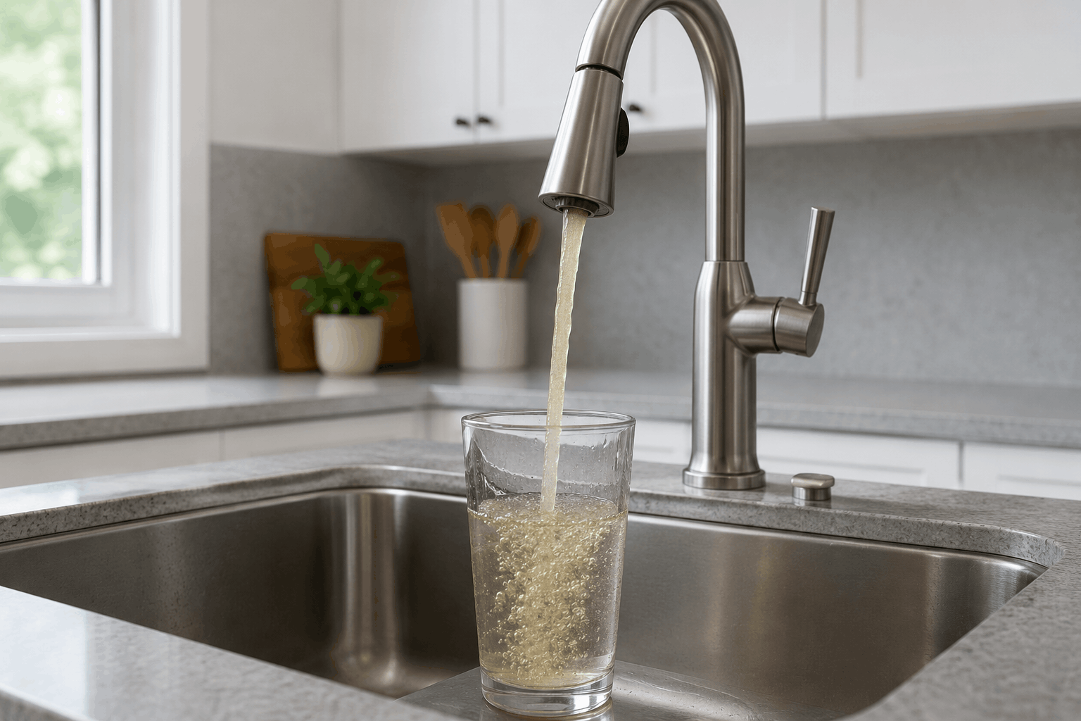 Brown discolored water flowing from a kitchen faucet into a glass.