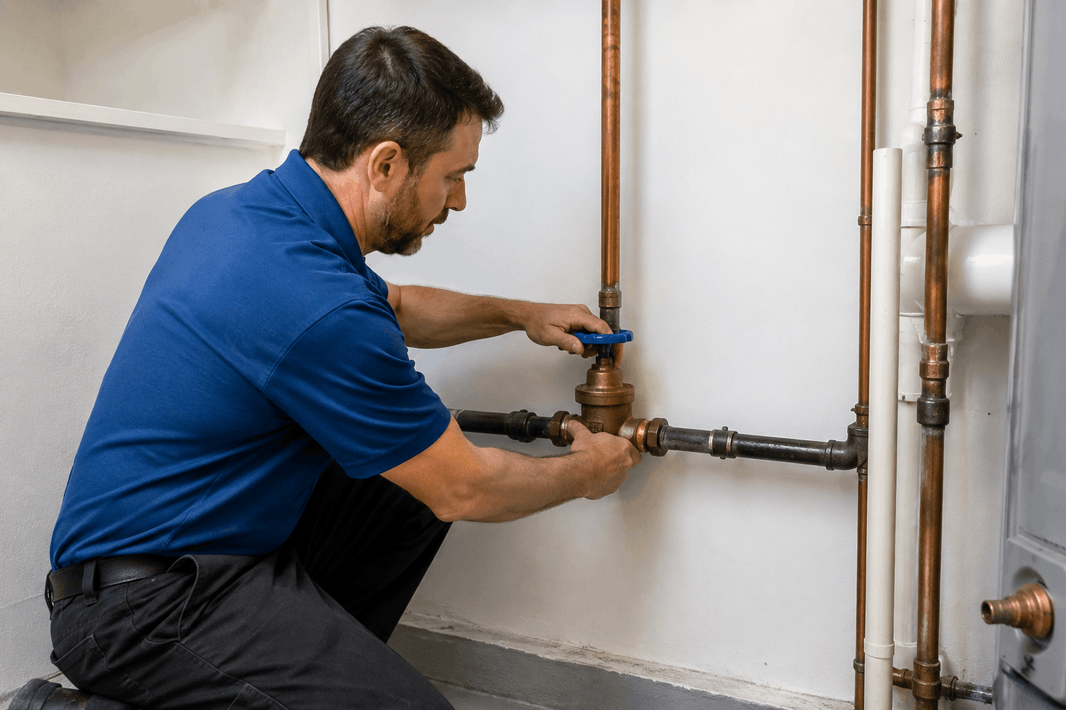 Plumber adjusting a residential main water shutoff valve and piping.