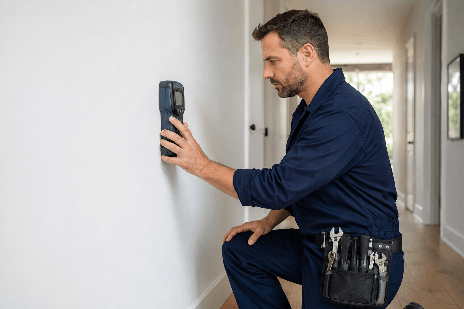 Professional plumber using a moisture meter to inspect an interior wall.