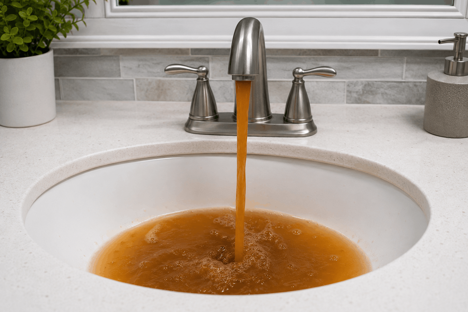 Rust-colored water running from a bathroom faucet into a sink.