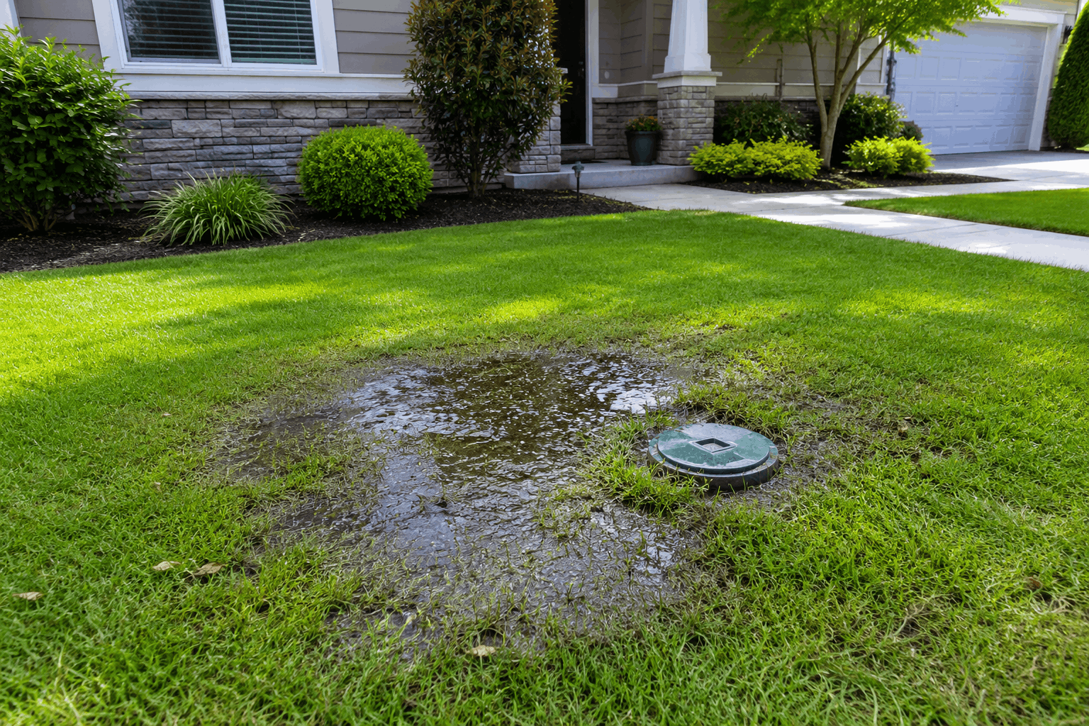 Standing water surrounding a septic tank access cover in a residential yard.