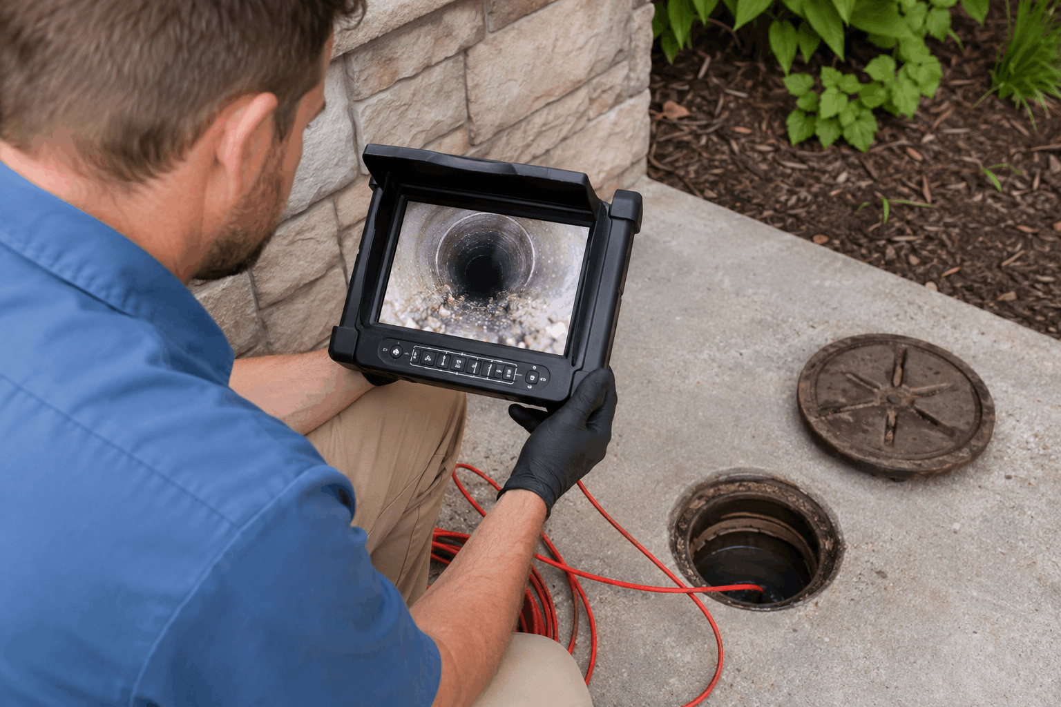 2026 07 Plumber reviewing live footage from a sewer camera inspection system.