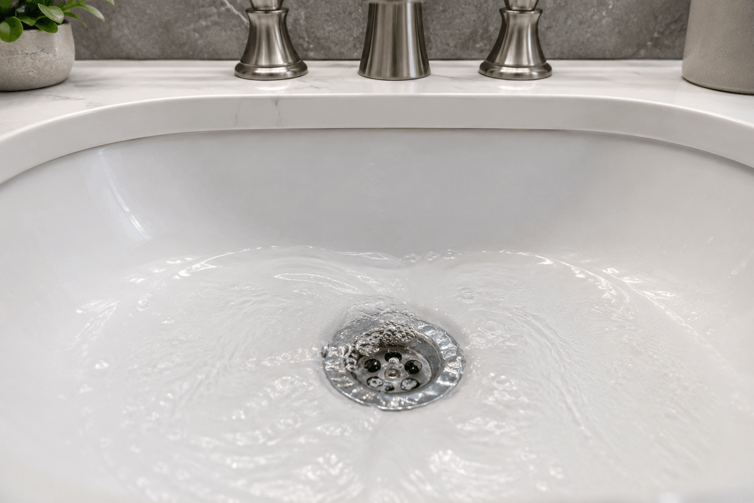 Water draining smoothly through a clean bathroom sink drain.