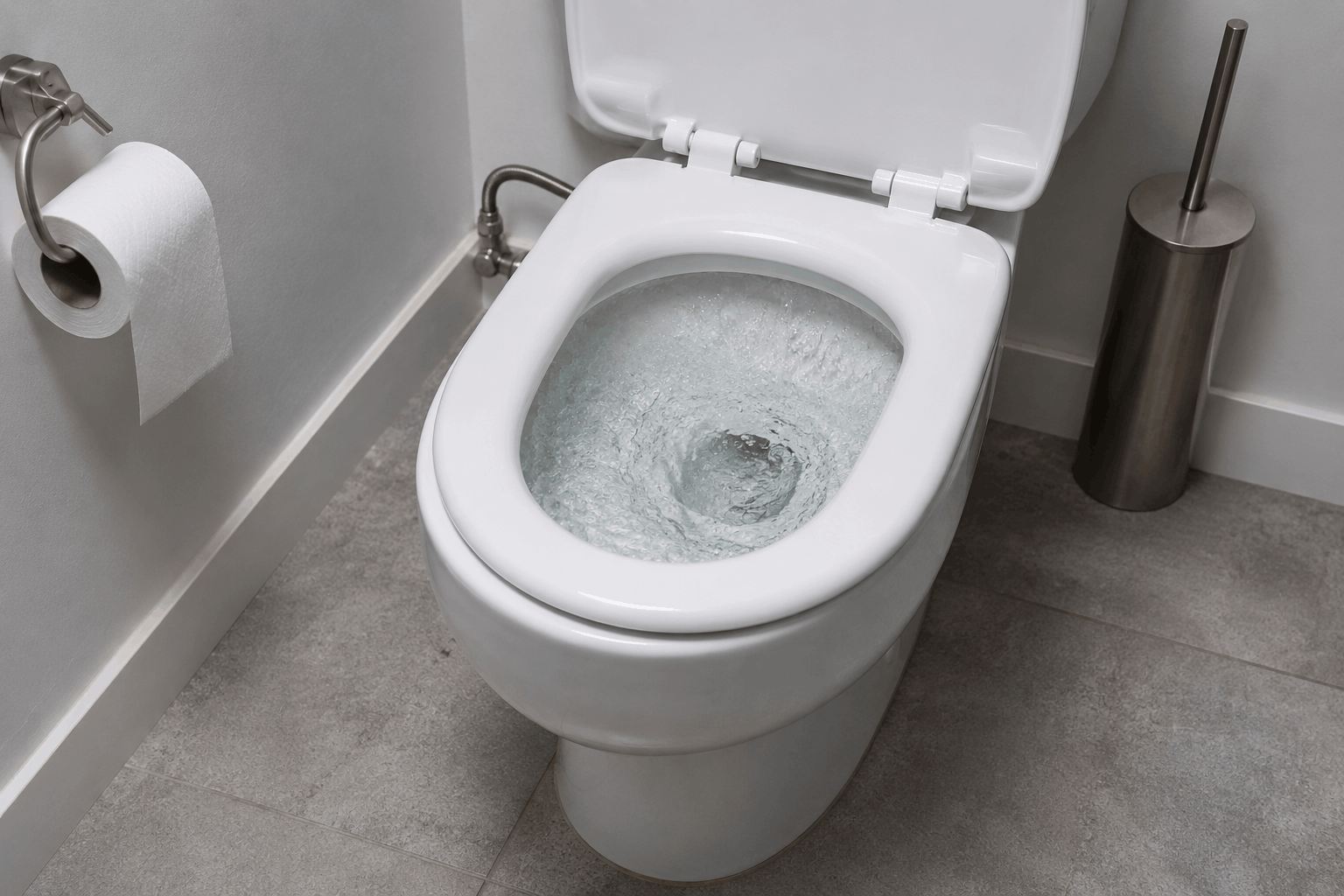 Modern toilet flushing with visible water circulation in the bowl.