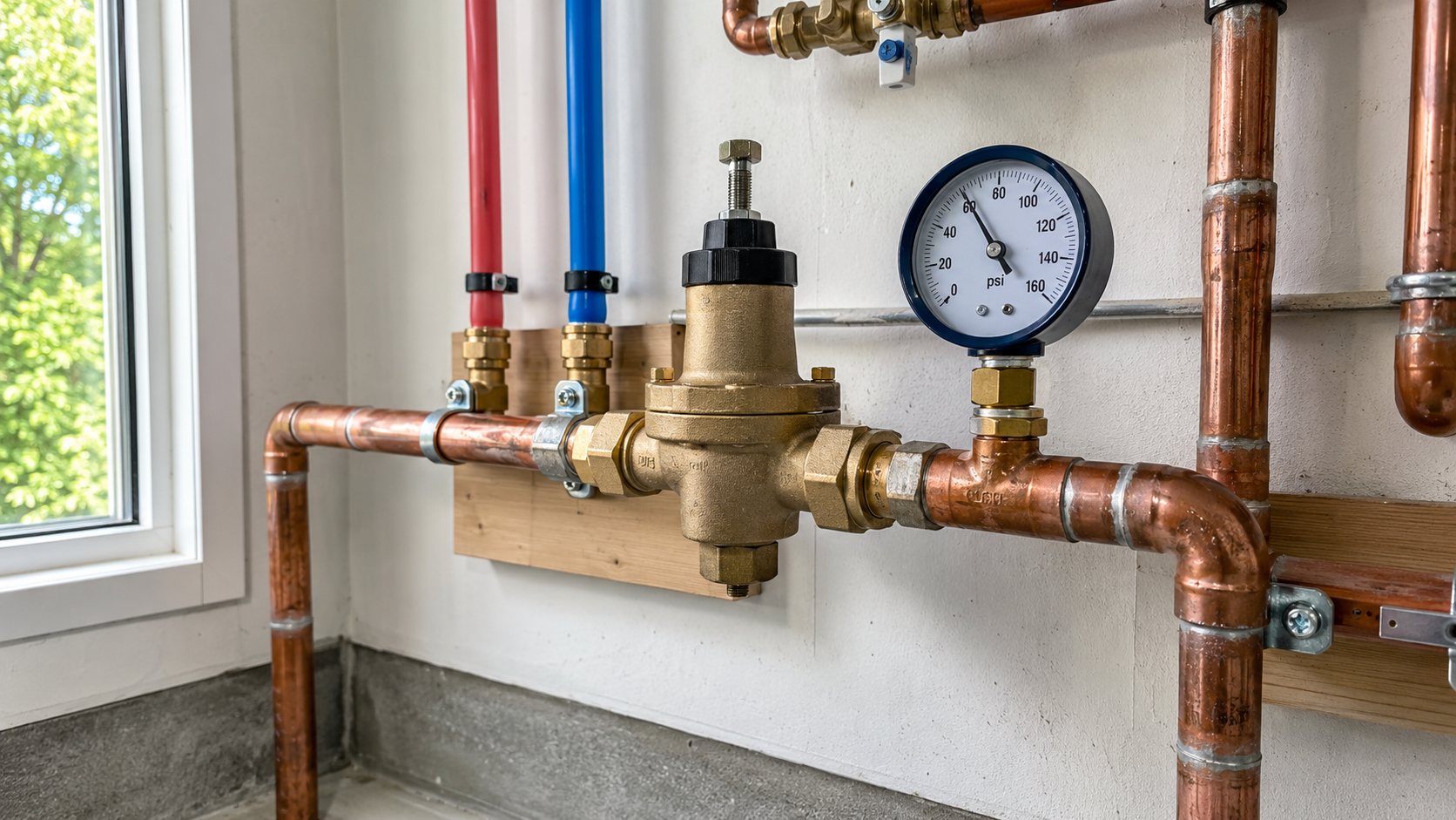 Water pressure regulator and gauge connected to residential plumbing pipes