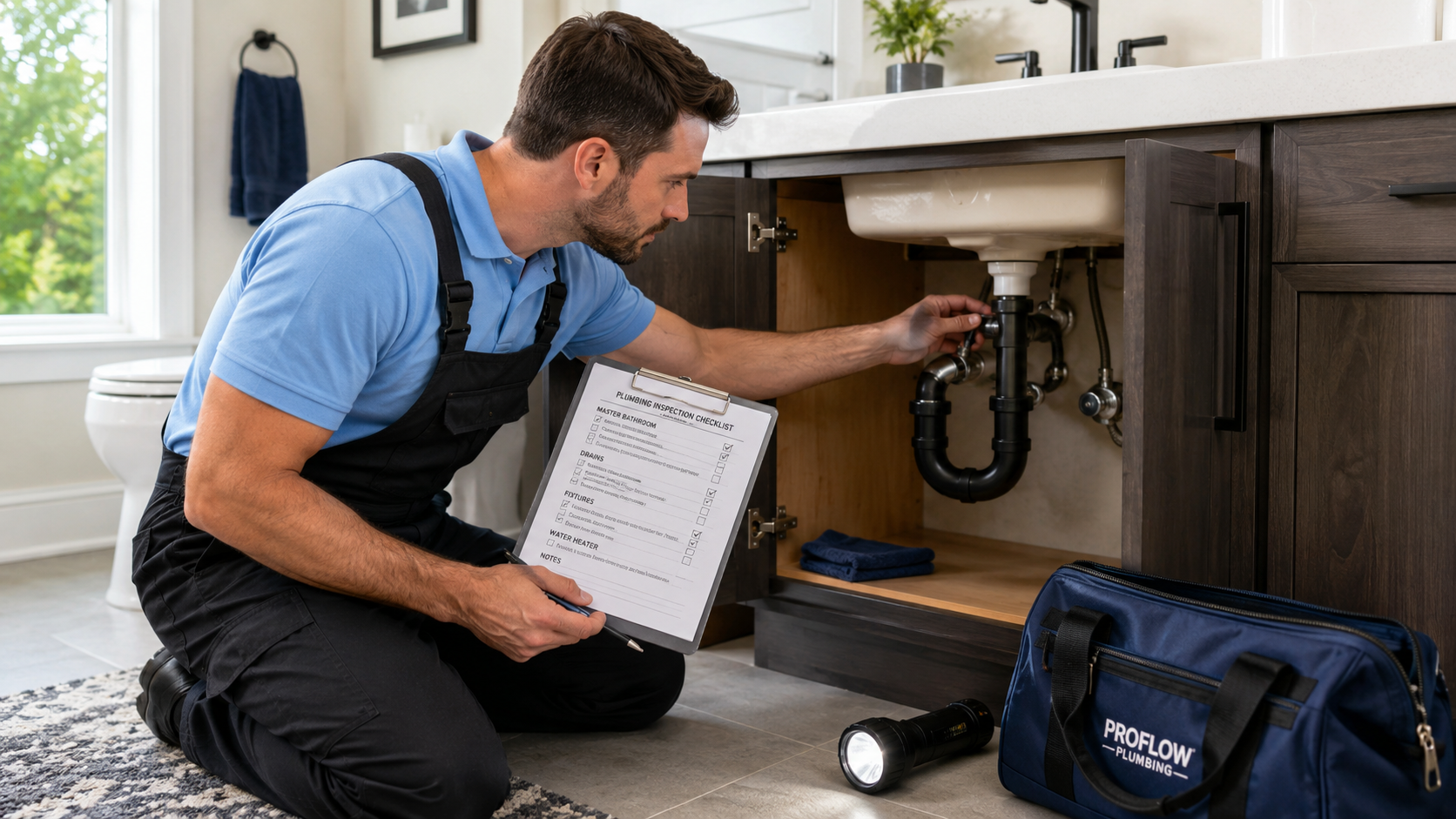 Plumber inspecting bathroom sink plumbing with a home inspection checklist