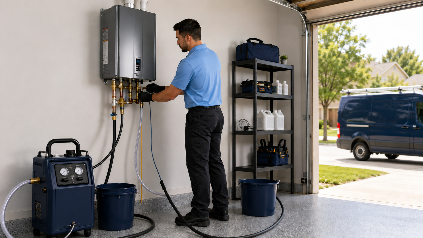 Plumber flushing a tankless water heater system in a residential garage