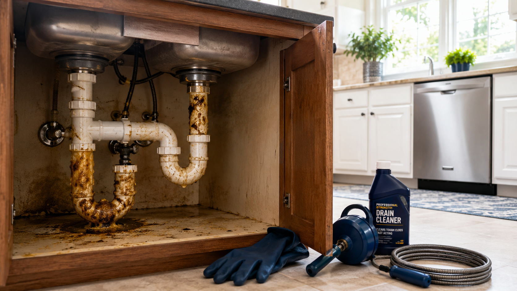 Grease-clogged kitchen sink pipes with drain cleaning tools nearby